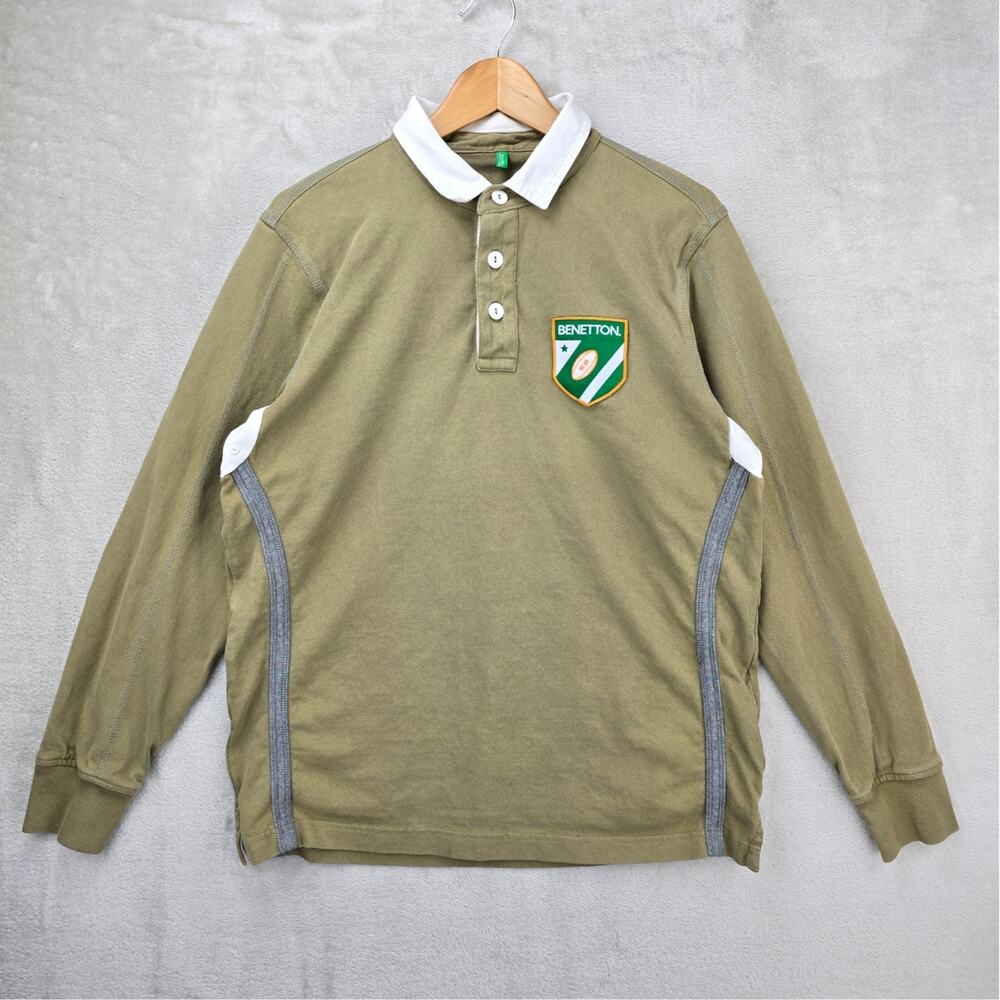 Vintage Benetton Rugby Polo Shirt Mens Large Beige Long Sleeve Patch Logo